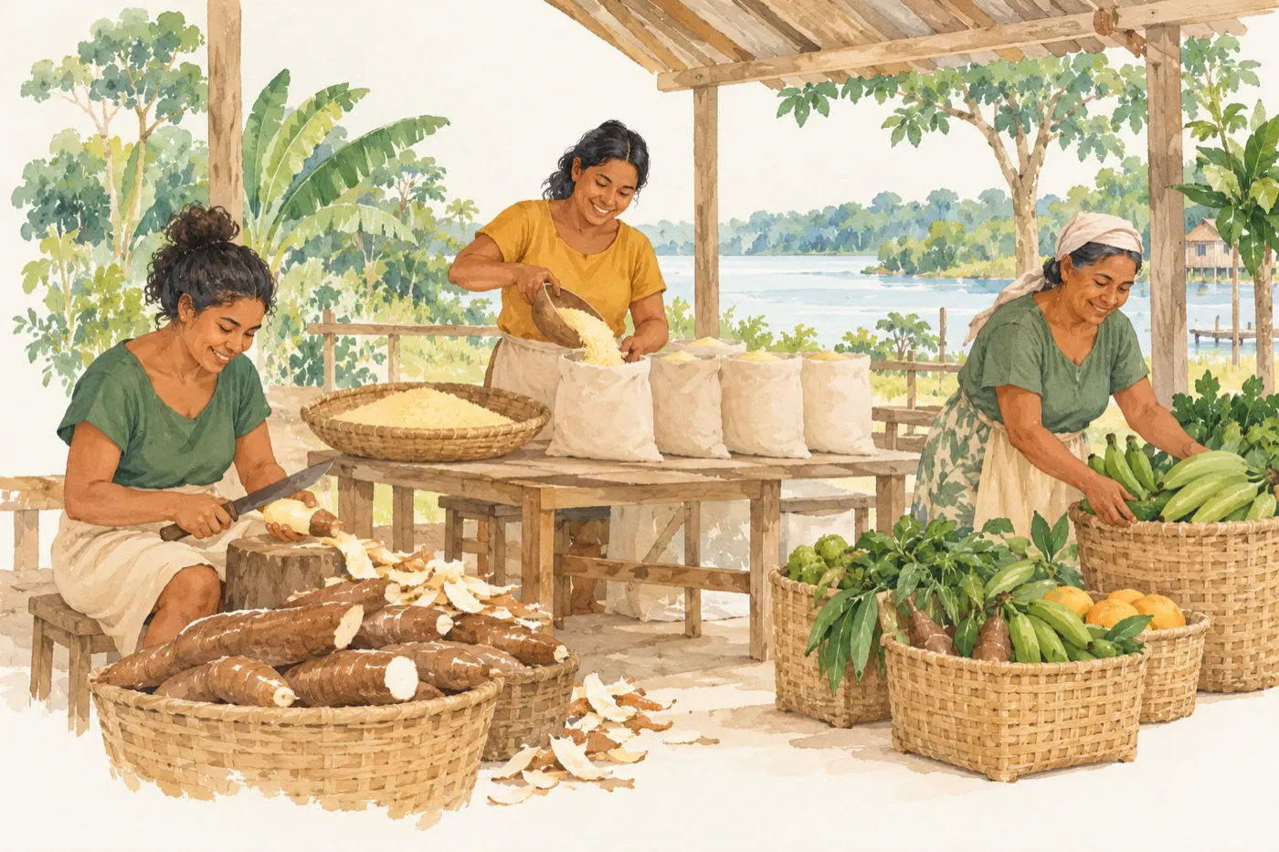 Ilustração de mulheres numa casa de farinha preparando cestas